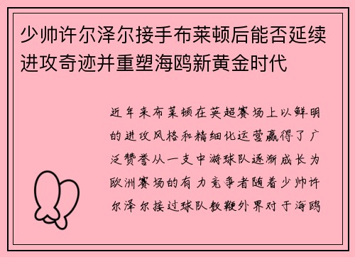 少帅许尔泽尔接手布莱顿后能否延续进攻奇迹并重塑海鸥新黄金时代